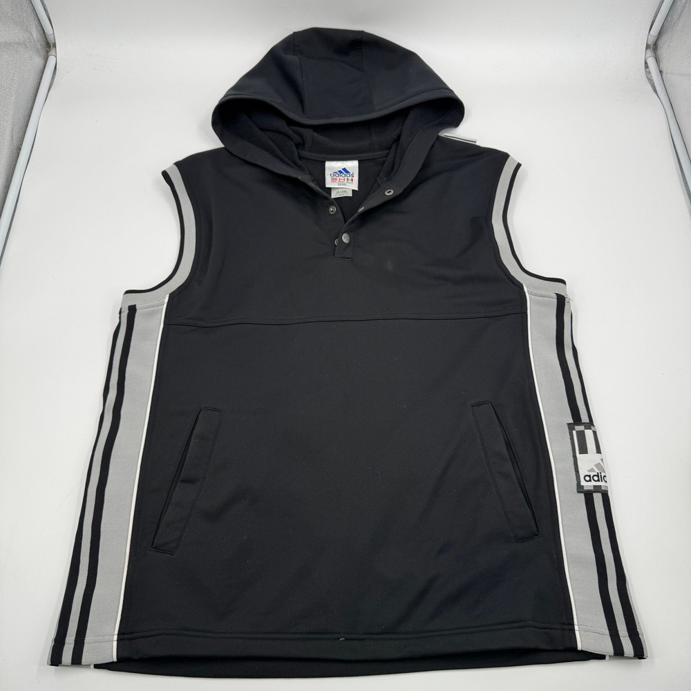 Vintage 1999 Adidas Mens Sleeveless Hoodie Vest Black Grey 3 Stripe 261900 Small